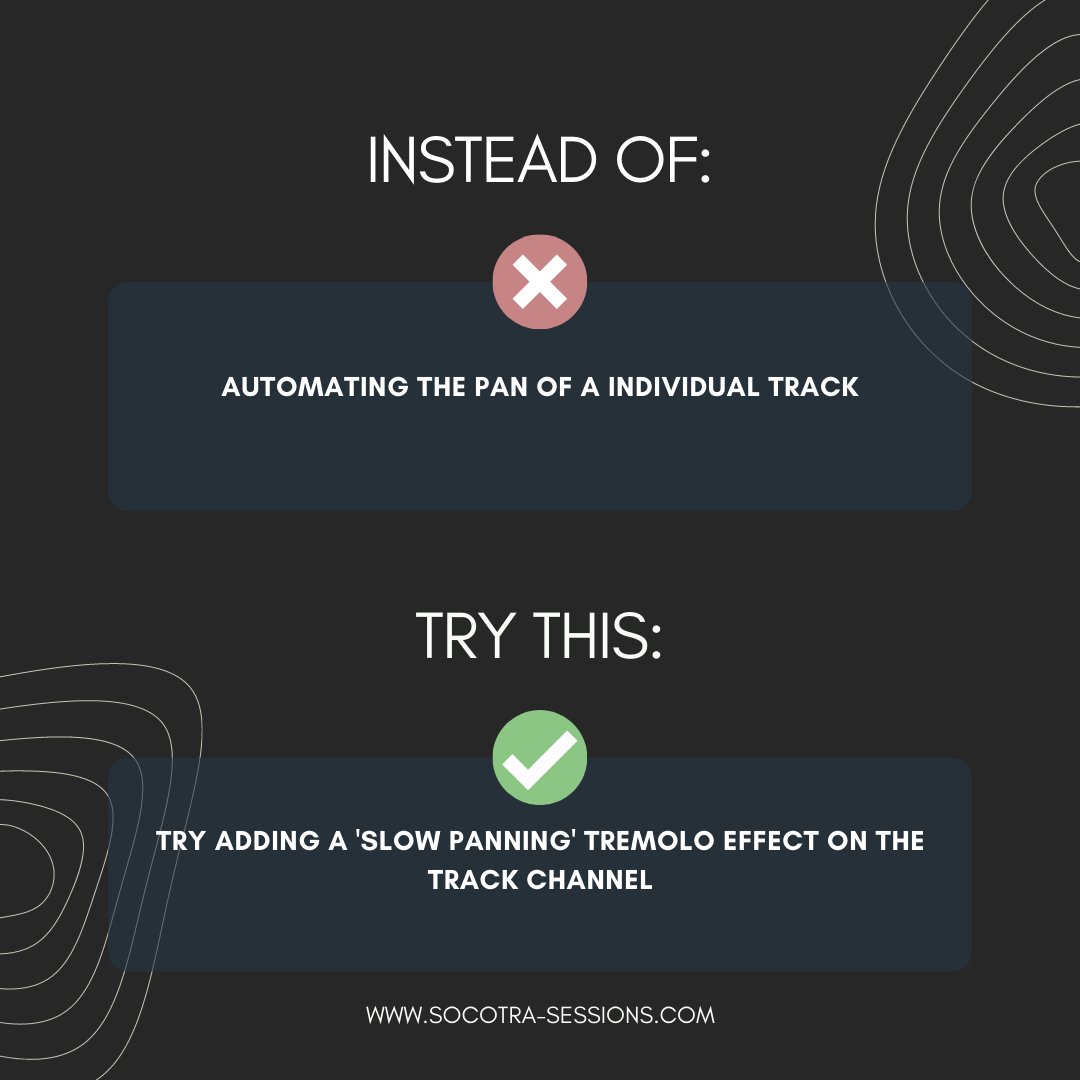 socotrasessions's tweet photo. Instead of automating the pan of an individual track, try adding a slow pan tremolo effect onto the target tracks channel. 

🔊Check the link in our bio for more Logic Pro X tips! 🔊

- - - - 

#musicproducer #music #producer #musician #beats https://t.co/D7imGrPXtW