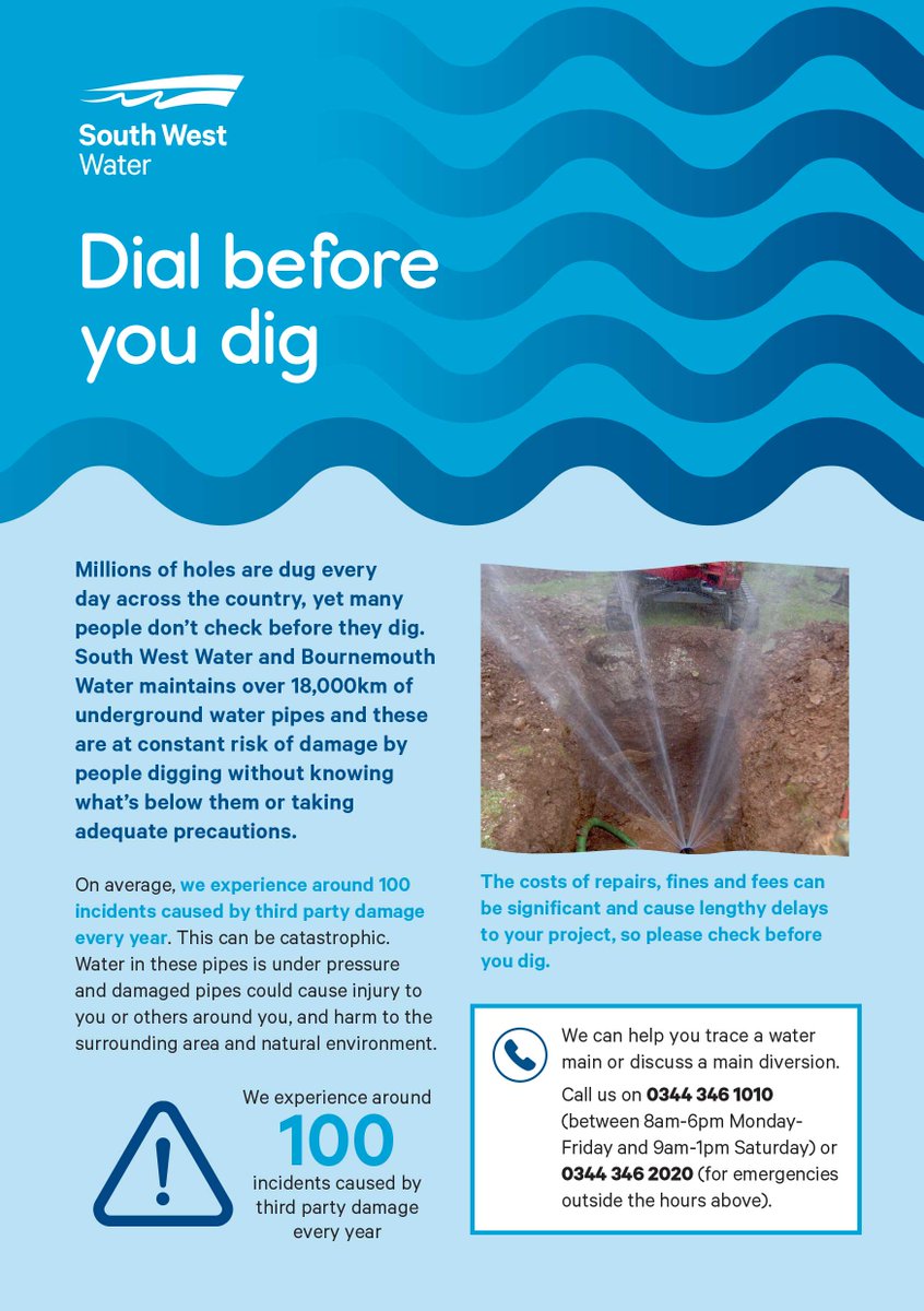 ConstExCornwall's tweet photo. Calling all #Contractors and #Developers

Dial Before You Dig. 
If you're about to commence #excavating remember to contact #South #West #Water before you start.
0344 346 1010 during typical working hours or 0344 346 2020 for emergencies and out of hours. https://t.co/tjSHKIgsPO