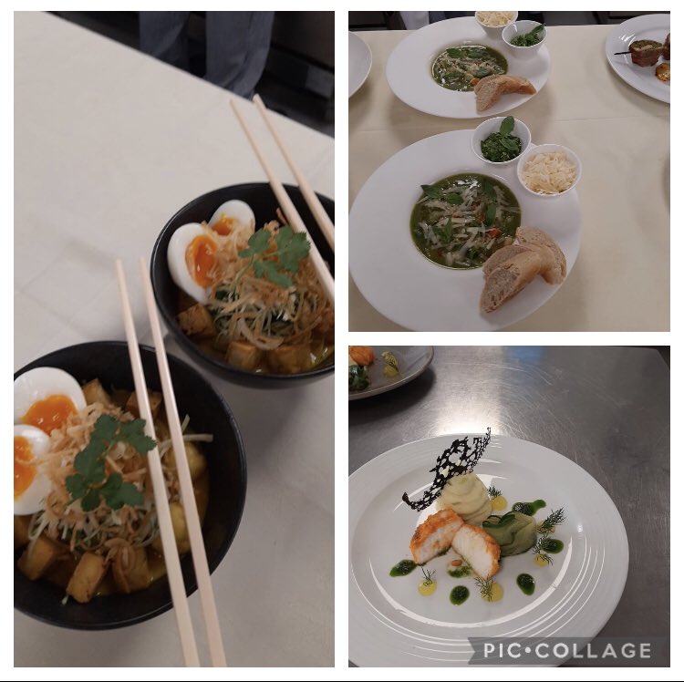 Fish ball laska, soup au pistou, red pepper crusted cod pickled cucumber