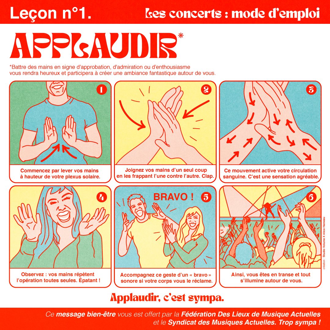 La CLEF / Saint-Germain-en-Laye (78) (@laclefstgermain) on Twitter photo A l'occasion de la reprise des concerts debout, nous sommes heureux de relayer la campagne imaginée par la FEDELIMA et le <a href="/SMA_syndicat/">SMA - Syndicat des Musiques Actuelles</a>
Les concerts (debout) sont de retour ! 🙂 Reprenons les bases et tout va bien se passer !#concertsdebout
Leçon n°1 : Applaudir 👏 A l'occasion de la reprise des concerts debout, nous sommes heureux de relayer la campagne imaginée par la FEDELIMA et le <a href="/SMA_syndicat/">SMA - Syndicat des Musiques Actuelles</a>
Les concerts (debout) sont de retour ! 🙂 Reprenons les bases et tout va bien se passer !#concertsdebout
Leçon n°1 : Applaudir 👏