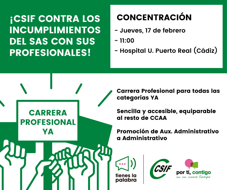 ¡CSIF contra los inclumplimientos del SAS con sus profesionales! ¡Por los derechos del personal de la #SanidadPública!
📢 Mañana 17febrero, en el Hospital Univ. #PuertoReal, exigiremos la #CarreraProfesional para todas las categorías del SAS.
#CSIFPorTiContigo #TienesLaPalabra