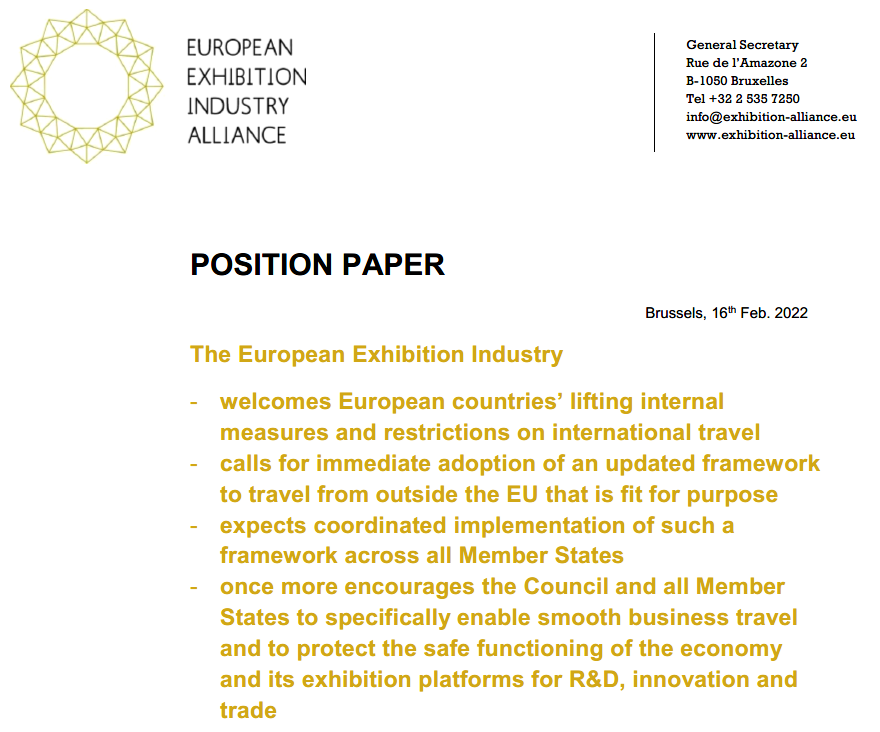 EEIA - European Exhibition Industry Alliance has published a new Position Paper calling for immediate adoption of an updated framework to travel from outside the EU that is fit for purpose. 
Read the full Position Paper here: bit.ly/34JtzBm #ExhibitionIndustry