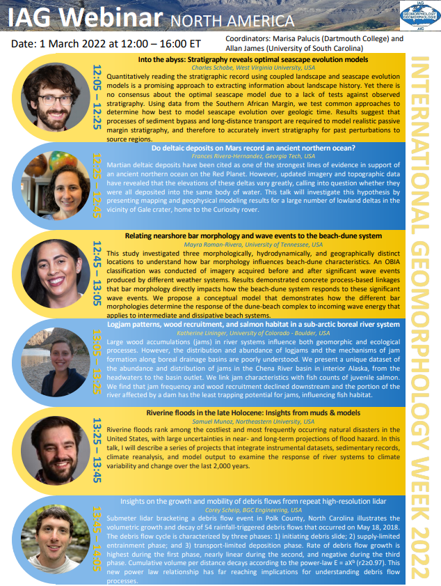 IAGAIG's tweet photo. The programme for the IAG International Geomorphology Week regional webinar in North America (1st March 18:00 CET, 9:00 PST, 12:00 EDT) is now online! Register for free and get all the details of #IntGeomorphWeek2022 at https://t.co/0Uo43FXL26
#geomorphology  #IntGeomorphWeek2022 https://t.co/18rsTRxLNR