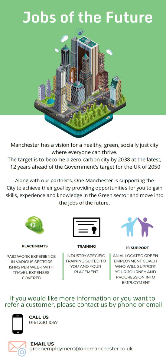 We're working with One Manchester &amp; partners on the ‘Green Jobs Project’ 
If you want to know more about the Green Job work placements and training opportunities or want to refer please contact Marika, Green Employment Coach on 0161 260 1600 or yesinfo@yesmanchester.co.uk
#yesmcr