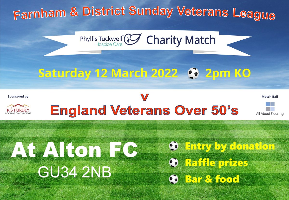 Coomersltd's tweet photo. A great upcoming event for your diary, and it happens to be in aid of our charity of the year, so even better! Get yourself along to @alton_fc's grounds on Sat 12 March to see Farnham &amp; District Veterans take on England Veterans Over 50’s in aid of Phyllis Tuckwell Hospice!⚽️ https://t.co/yeOHdClTpR