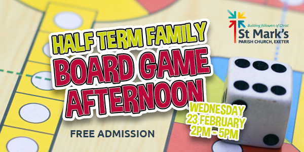 StMarksExeter's tweet photo. Half Term Family Board Game Afternoon
Wednesday 23 February, 2pm - 5pm
A fun-filled afternoon of family board games. Tea, coffee and squash will be available or bring your own nibbles and non-alcoholic drinks. All children must be accompanied by a responsible adult. https://t.co/YUqRIjSyfK