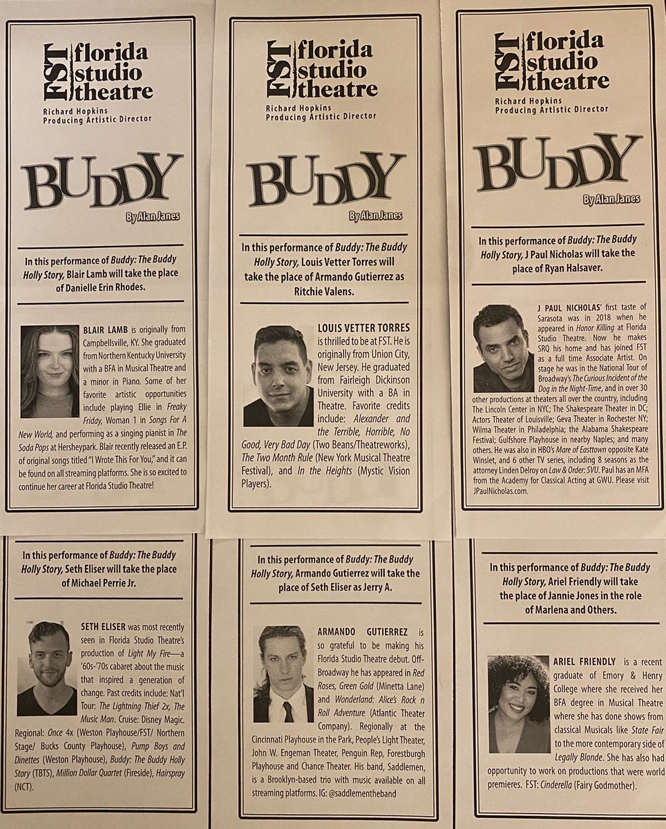 TroyVR_'s tweet photo. These talents stepped in multiple times.Sometimes mid show;while performing roles in other shows;while understudying roles in other shows;sometimes in added split tracks while performing their reg principal roles #Understudies #BuddyHollyStory #FloridaStudioTheatre @FSTSarasota https://t.co/r3jLrjCMFB