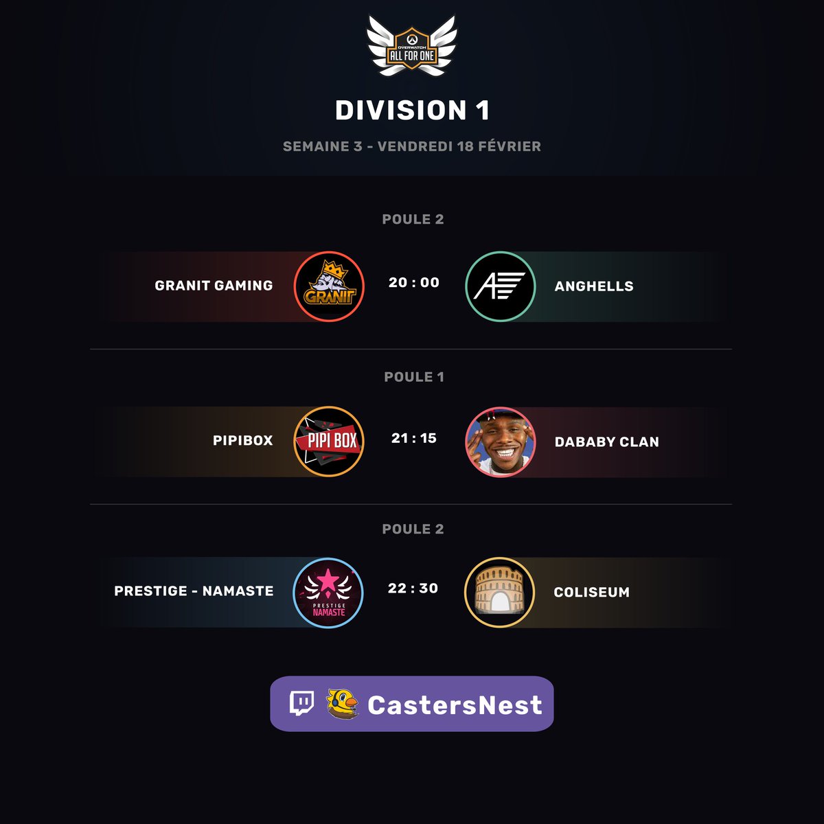 [Petit erratum] 👀
Bonjour à tous ✨ 

Voici le planning des matchs castés de la division 1 pour cette troisième semaine de stage 1 d'#AllForOne2022 🔥 
On se donne rendez-vous avec l'équipe <a href="/CastersNest/">CastersNest</a> au cast pour cette soirée qui s'annonce épique 🚀 

À vendrediiii 😘