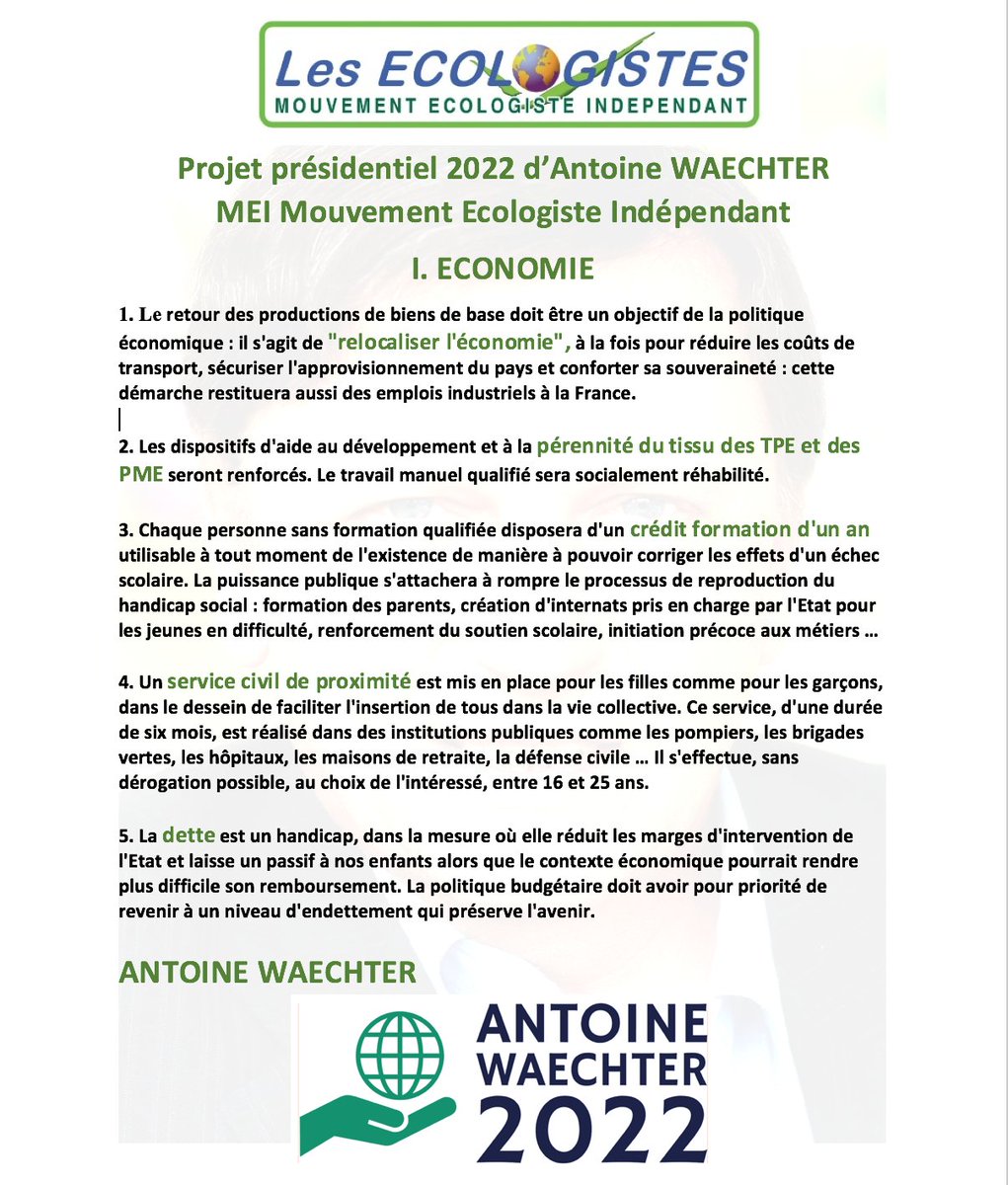 🟢 Aujourd'hui face aux acteurs économiques je présente 5 mesures de mon programme Economie 💵

🟢L'objectif est d'assurer le plein emploi sans croissance 📈 : relocaliser l'économie, pérennité du tissu des PME, Crédit formation, service civil de proximité, dette..

#waechter2022