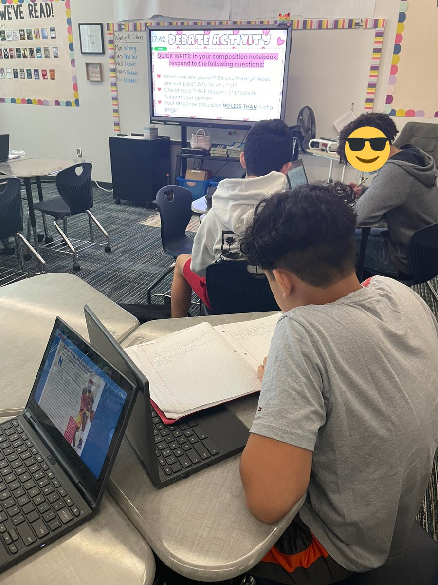 MrsJonesHofius's tweet photo. Are athletes overpaid? 8th grade ELA students are working on their argumentative writing skills by choosing a position and writing an argument to support their position to prepare for a class debate! #writeyourheartout @HofiusKISD https://t.co/0v7dAKcZi2