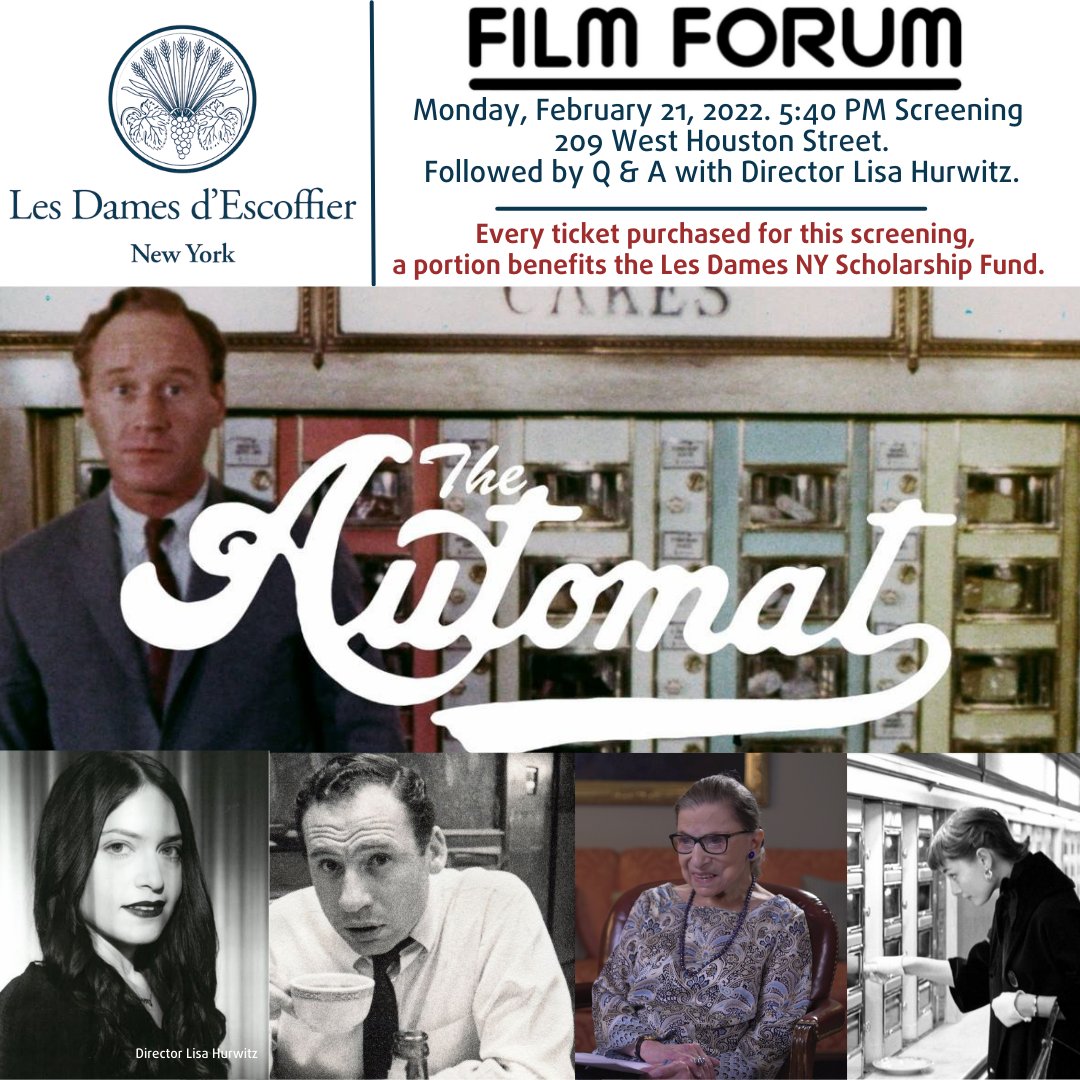 Les Dames d'Escoffier on X: 🍿 @LesDamesNY brings a special movie night -  the premiere of “The Automat.” If you are in NYC on 2/21 this is one not to  miss. The
