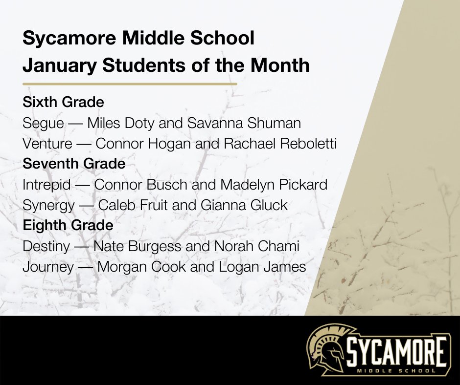 SycamoreMS's tweet image. Congratulations to the January Students of the Month! Thank you for exemplifying our core values and serving as leaders at Sycamore Middle School. We are proud of you! #Empowering2Succeed