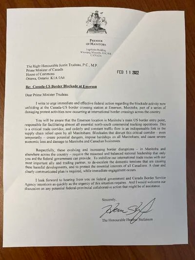 Premier Heather Stefanson pleaded in a private letter to Prime Minister Justin Trudeau to intervene at the Emerson border blockade just days before she publicly opposed his decision to enact the federal Emergencies Act against protesters. bit.ly/350pJ6O #bdnmb