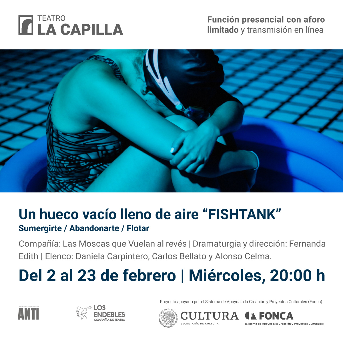 FISHTANK | Hoy mie 8PM
“Algunos de nosotros no somos capaces de nadar instintivamente, sabemos nadar lo primigenio, lo heredado de alguna forma y aún así es más instintivo el miedo a ahogarse.”

Presencial y en línea
🎟️bit.ly/3u3AFe3
