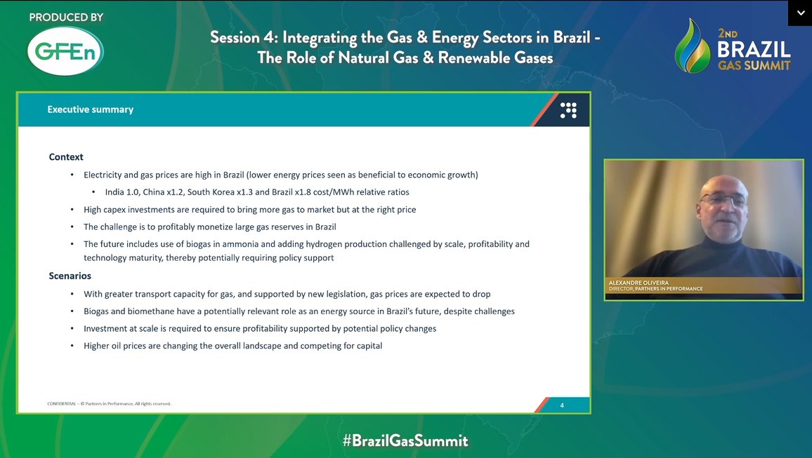 BrazilGasSummit's tweet photo. Alexandre Oliveira, #PartnersinPerformance highlights that Brazil is #3 in highest nat.gas prices while 85% of its electricity comes from renewables, with fossil fuels responsible for 14%. Policy support is needed to set the right gas prices and its right market conditions. https://t.co/0UawrrYfdS