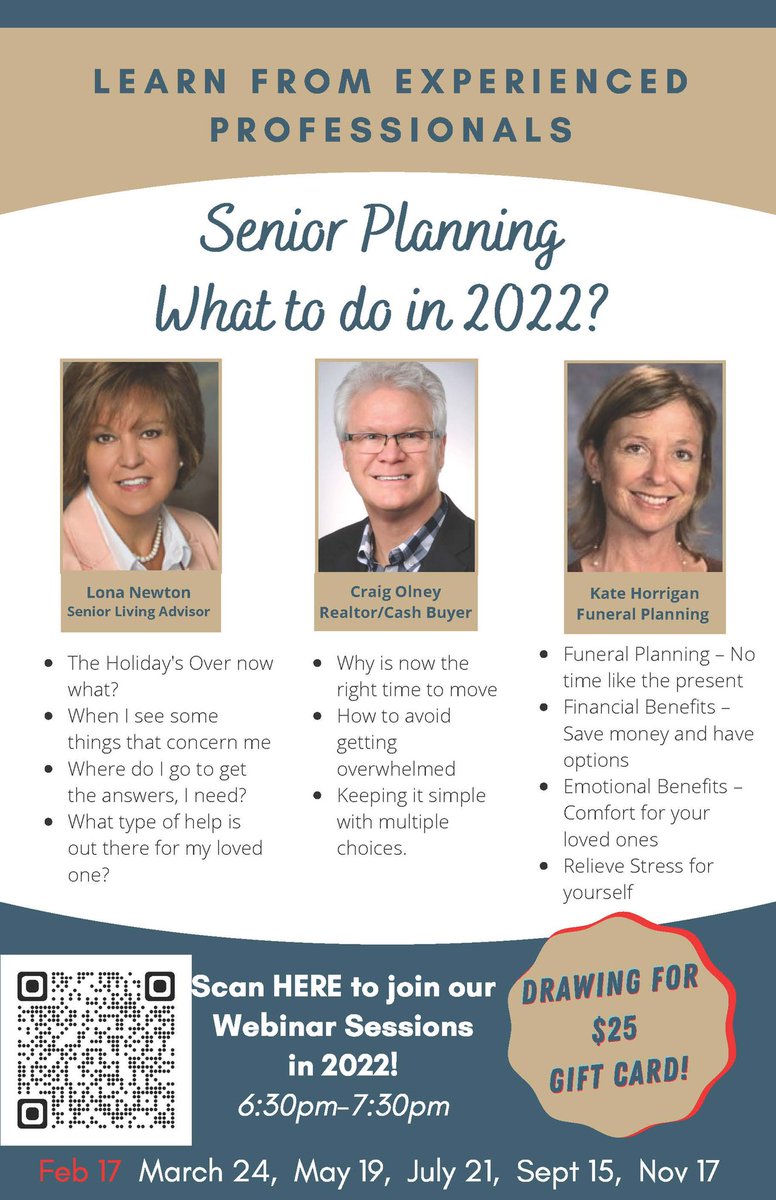 FREE ZOOM WEBINAR TOMORROW - DON'T MISS OUT SENIOR PLANNING WHAT TO DO IN 2022?

YOU COULD WIN A $25 GIFT CARD JUST FOR ATTENDING!

Thursday February 17th at 6:30 pm via Zoom!! Click the link to register!! us02web.zoom.us/webinar/regist…