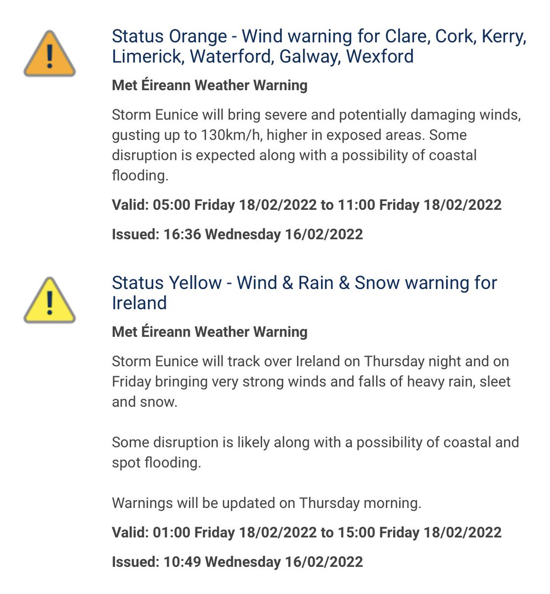 barrabest's tweet photo. Warning upgrade for seven counties on Friday ahead of Storm Eunice. Severe gales, heavy rain, and snow forecast. Stay tuned. https://t.co/GO4isDEFuh