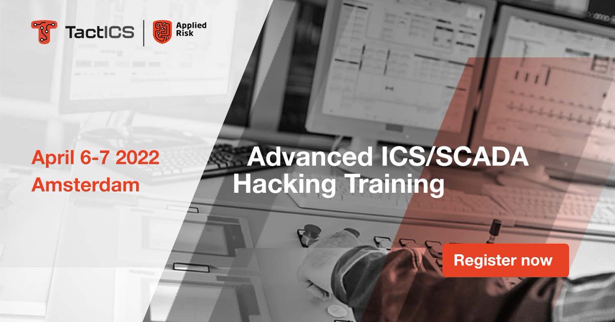 AppliedRisk's tweet photo. Our ICS/SCADA #HackingTraining is coming up on April 6 and 7. Sign up now for hands-on #OTsecurity training with real-world threat scenarios and devices.
See here for more info and to register: https://t.co/MuUWqQ1JRN #TactICS #ICSsecurity #industrialcyber #cybersecurity #SCADA https://t.co/9llY4nA8dM