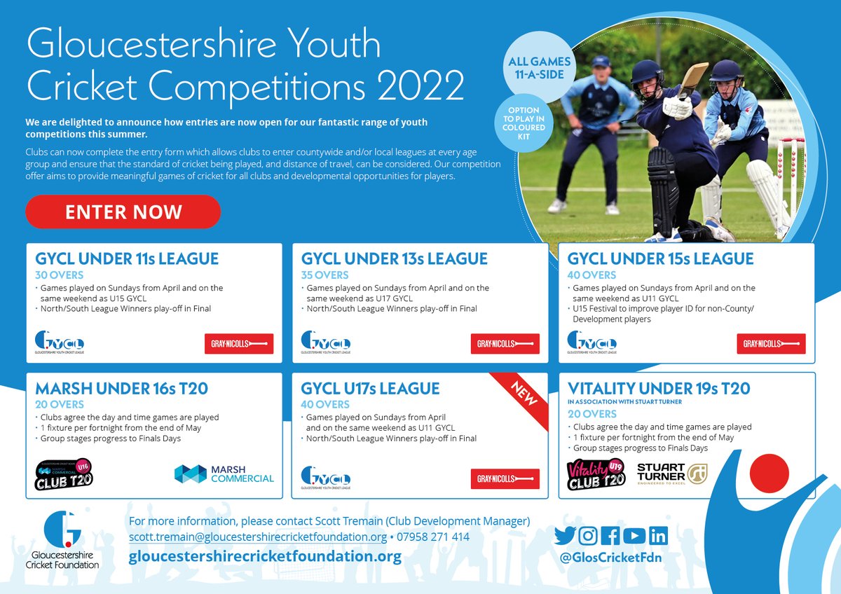 🚨Enter now: 2022 Youth Competitions🚨

Be our County Champions🏆

🔵U11 - 30 overs
🔵U13 - 35 overs
🔵U15 - 40 overs
🔵U16 - 20 overs
🔵U17 - 40 overs
🔵U19 - 20 overs

👉bit.ly/3rVgSvS