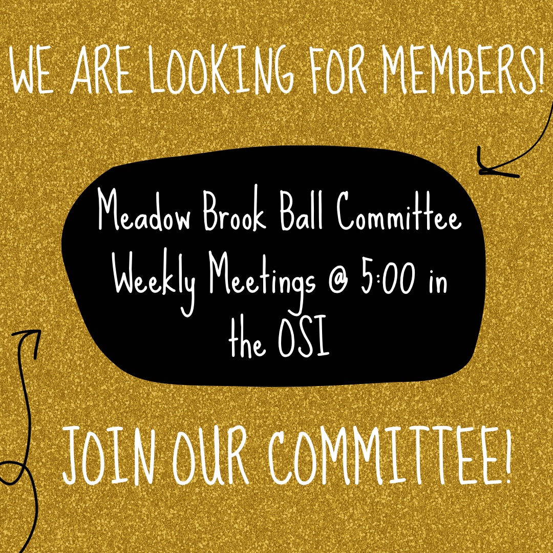 mbbc_ou's tweet photo. Our committee is looking for members for the 2022 ball! Weekly meetings on Tuesday in the OSI room at 5:00pm, located in the Oakland Center. #meadowbrookball https://t.co/9NUh9GfdYJ