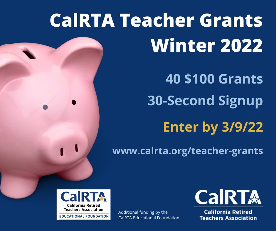 It's TEACHER GRANT time! 40 $100 grants. Deadline is March 9th. Here's the link for the 30-sec application: forms.gle/9Hxhv7USpHktY9…. Questions about this or anything related to CalRTA ... reach us at outreach@calrta.org. Good luck! #TeachersNeverStopCaring