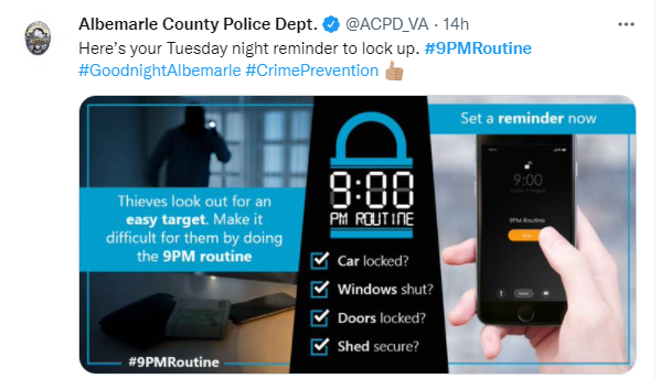 Check your local department's social media, do they encourage the @9PMRoutine1 What are some of your favorite reminders? #CRJ107 #MoraineValley @Romeoville_PD @AndoverKSPD @OcoeePD @ACPD_VA