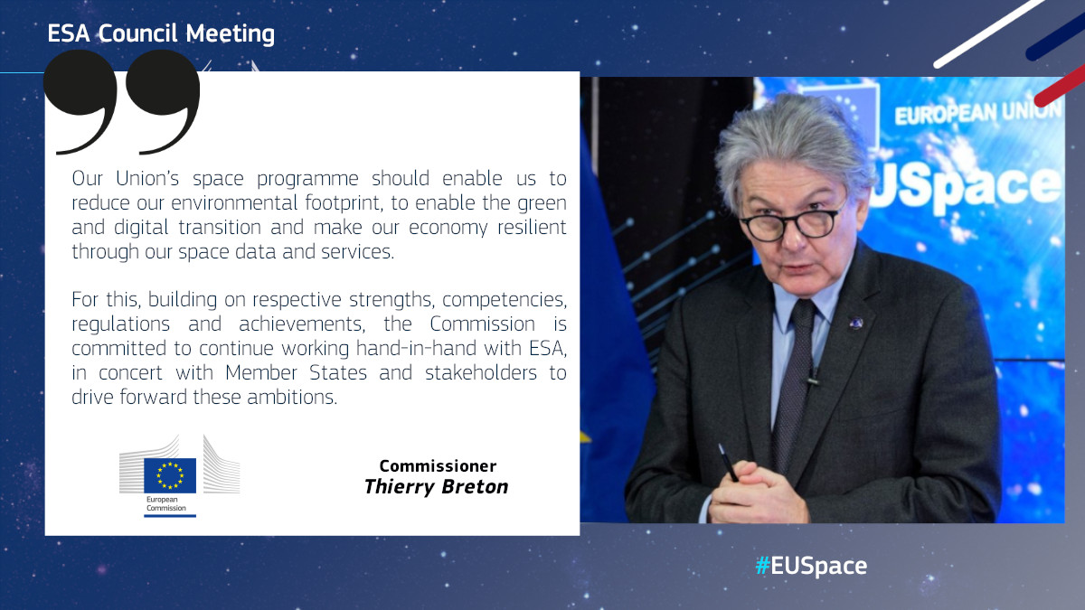 At the <a href="/ESA/">European Space Agency</a> Council Meeting in Toulouse🇫🇷, <a href="/ThierryBreton/">Thierry Breton</a> praised the launch of 2 accelerators 
🟢Space for a Green Future
⚠️Rapid &amp; Resilient Crisis Response
which address important priorities of the 🇪🇺 and stressed that they should build on #EUSpace flagships &amp; new initiatives