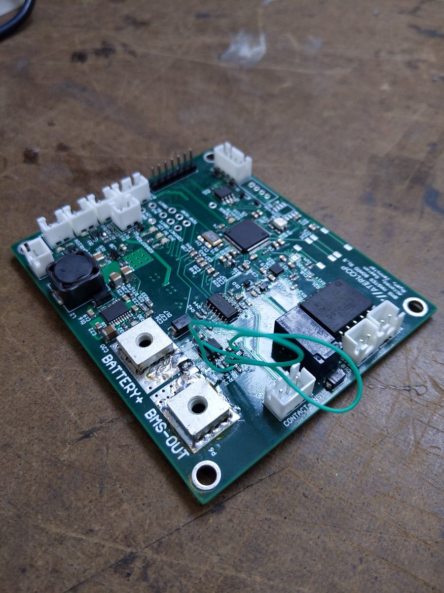 Take a look at our BMS board: this PCB was designed by our team to make sure our battery cells charge and discharge correctly. It also implements a number of our battery safety features. It has an STM32 microcontroller, which we use pretty often!