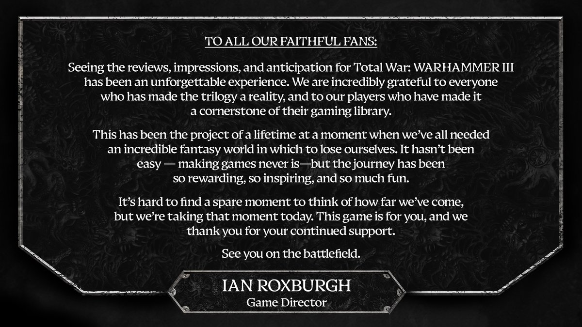 totalwar's tweet photo. A few words from our game director Ian Roxburgh. https://t.co/kAykXQ7jHq