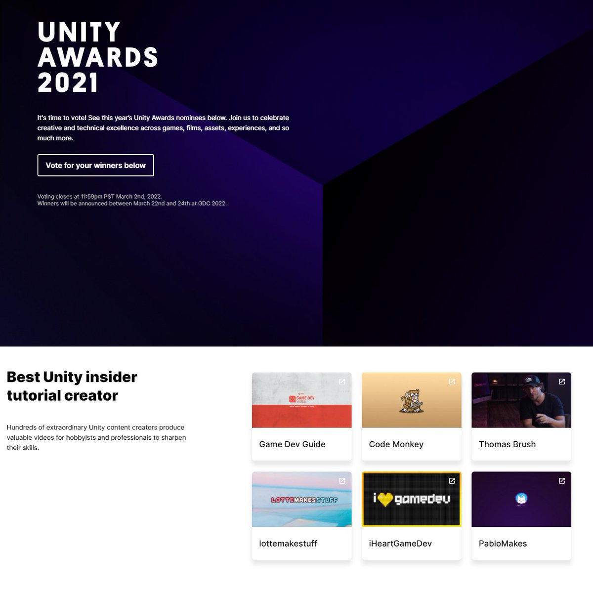 Oh hey look its me!! awards.unity.com i DEFFO think maybe you should go hit that vote button on me, I WOULD APPRECIATE IT!! <3 or you know, somebody else, its your vote (please it would make my day T_T)