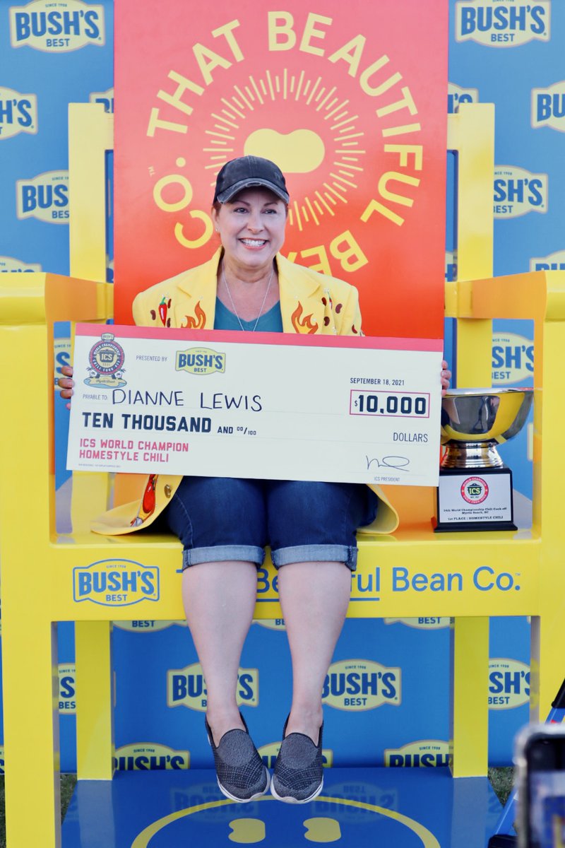 $10,000 chili??? 🤑 Tune in to INSIDE CHILI NATION on February 24 at 3pm ET on the @CookingChannel to see how Diane Lewis won the Homestyle Chili Championship at #WCCC54! @BushsBeans