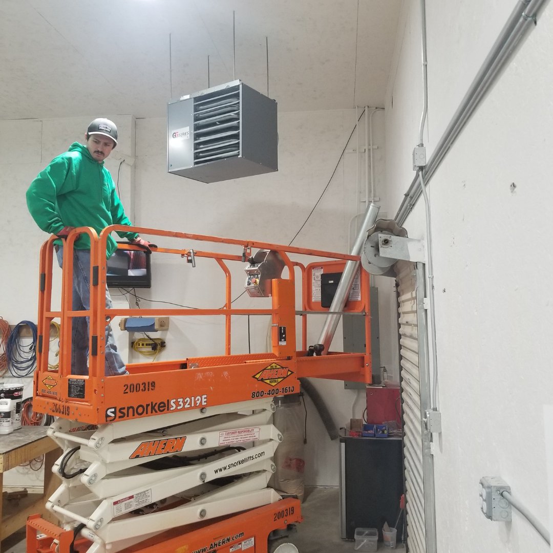 cartershvac's tweet photo. The crew at Integrity Architectural Millwork will be nice and warm while they work on making wood flooring, tables, chairs, railings, and more with this new hanging heater we installed for them! #potfolio #heater #HVAC #installation https://t.co/wWJCZG0d0G
