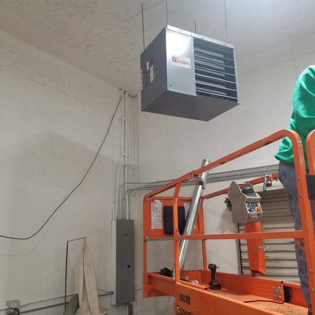 cartershvac's tweet photo. The crew at Integrity Architectural Millwork will be nice and warm while they work on making wood flooring, tables, chairs, railings, and more with this new hanging heater we installed for them! #potfolio #heater #HVAC #installation https://t.co/wWJCZG0d0G