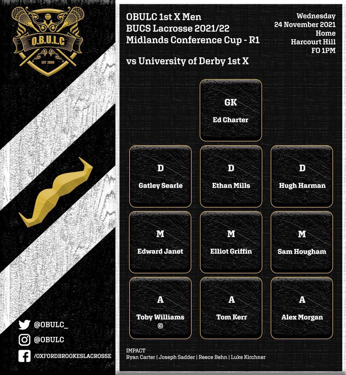 🚨 1st Round Cup Games - Double Header

Date: 24/11/21 🗓

Women’s 1st X vs Nottingham Trent University 1st X (H) - Face off 2:30pm 🥍

Mens 1st X vs University of Derby 1st X (H) - Face off 1:00pm 🥍

#OBULC #Lacrosse #BUCS #UniversitySport