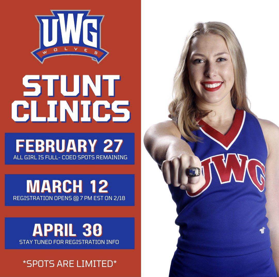 𝗦𝗧𝗨𝗡𝗧 𝗖𝗟𝗜𝗡𝗜𝗖 𝗨𝗣𝗗𝗔𝗧𝗘: Registration for our March 12th Stunt Clinic open 𝗧𝗛𝗜𝗦 𝗙𝗥𝗜𝗗𝗔𝗬 (2/18) at 7PM EST! We also have a handful of coed spots remaining for our February 27th Stunt Clinic. Ready to meet some #FutureWolves! 🤩💙❤️