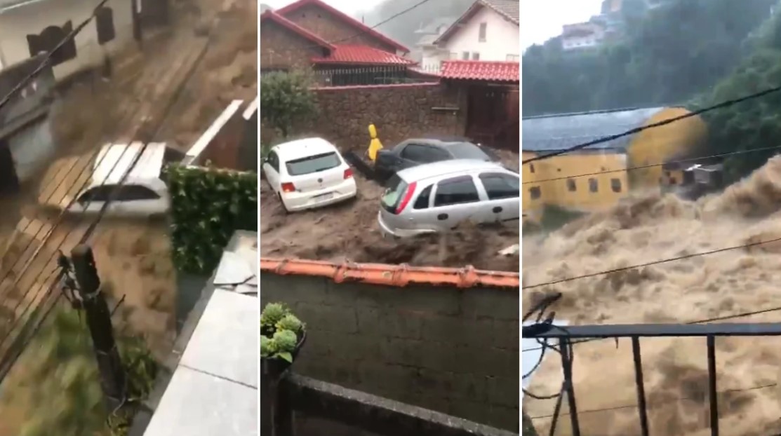 Colagem com três fotos tiradas durante as fortes chuvas em Petrópolis. No registro, grande volume de água barrenta causa destruição e alguns carros são arrastados pelas enchentes.
