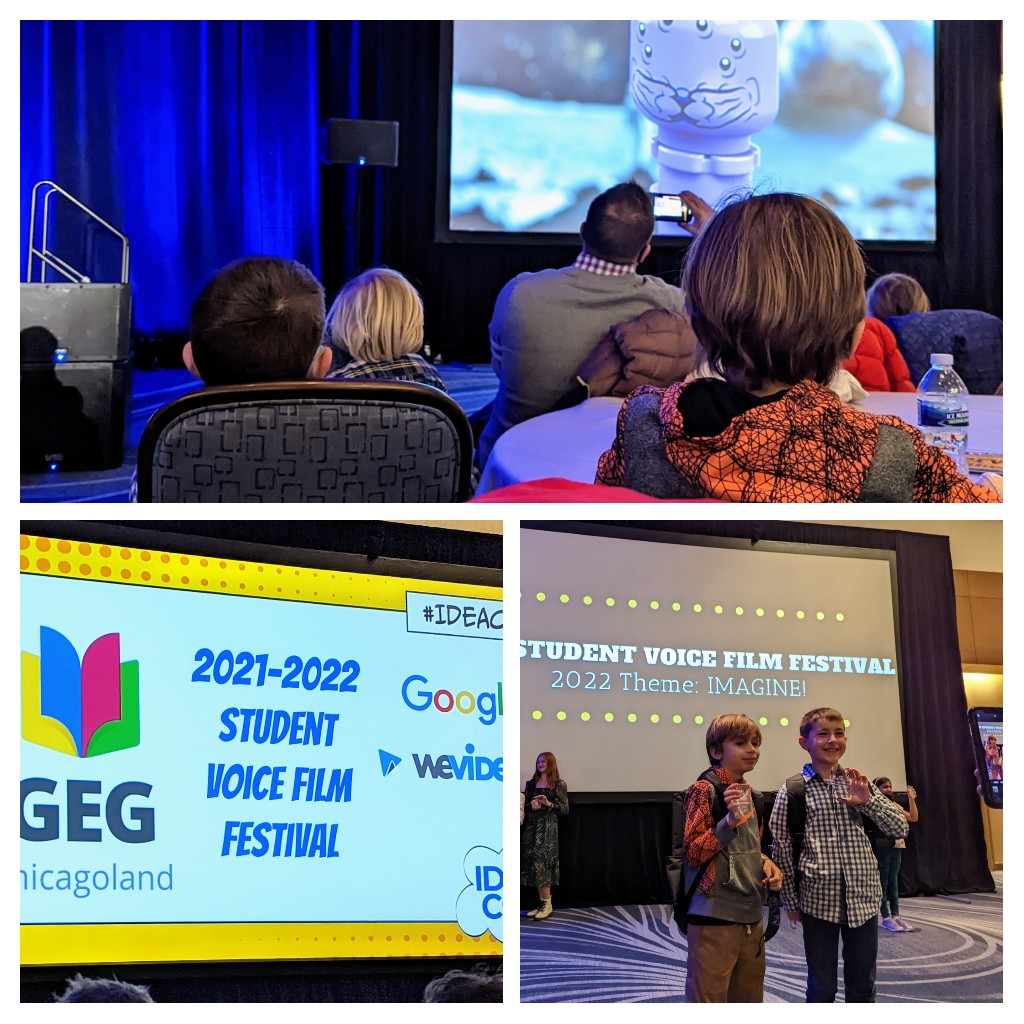 Two fourth graders had their student film entry chosen as best use of stop motion! Today they received awards and the opportunity to show their movie to an audience on a big screen! #edtech #creative #studentvoice #gegchi #engageD64 #d64smiles #stopmotion #IDEAcon2022