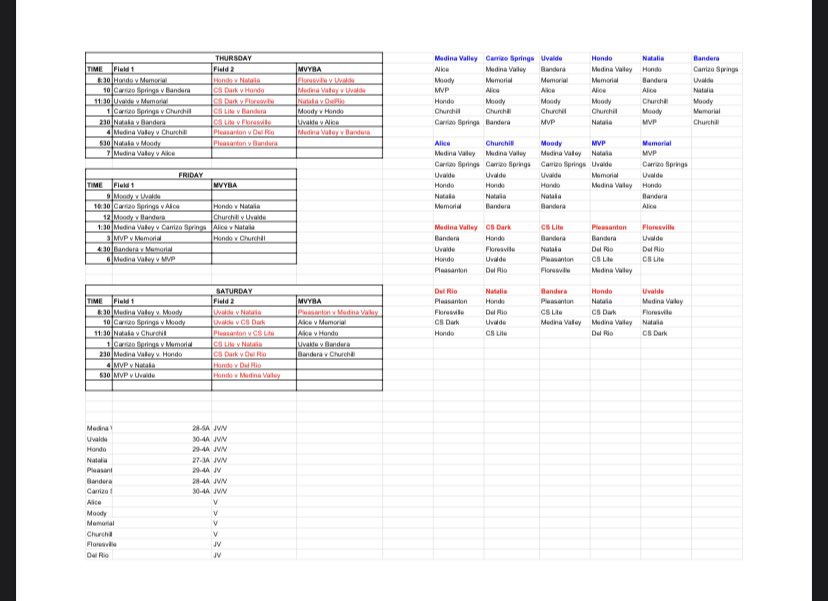 LoboUvalde's tweet photo. Jv and Varsity will be playing Thursday-Saturday in Medina Valley. Below is the schedule. 
JV is in RED 
VARSITY is in BLACK https://t.co/FAtJTnRXgY