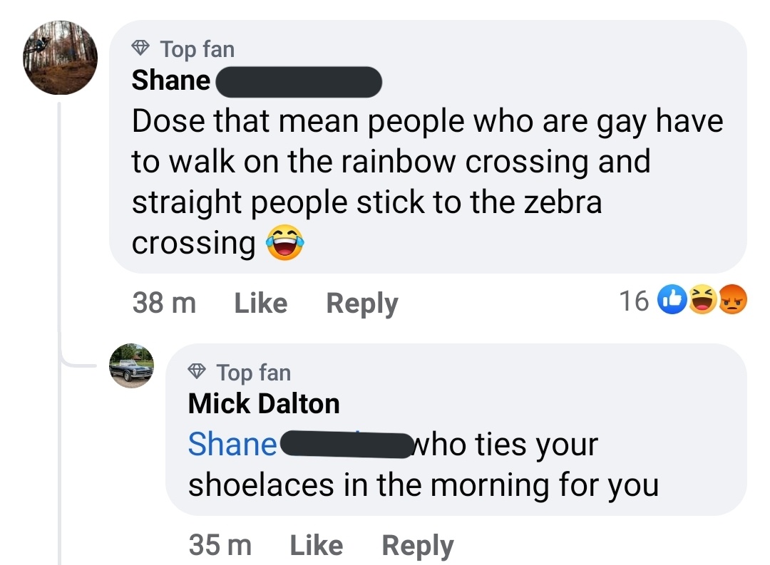 AvidShitter's tweet photo. Shoutout to Mick who is fighting for his life to defend the gay crosswalk https://t.co/tizkVOPiqk
