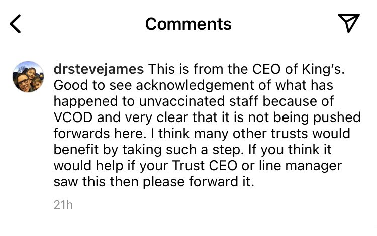 Posted by @drstevejames on instragram. Would be nice to see more CEOS acknowledge what effect this had on vaccine free staff 
@NHSE_Danny @CMO_England