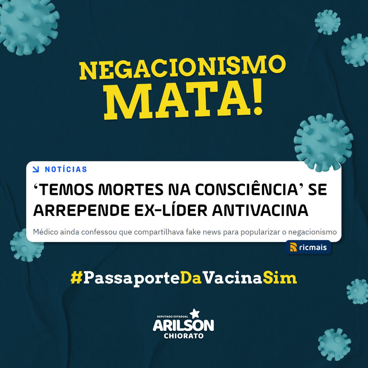 arilsonchiorato's tweet photo. Quantas mortes poderiam ter sido evitadas se não fosse o negacionismo e as notícias falsas contra a Ciência e a vacina??? Se você apoia a vacinação e a garantia da saúde coletiva deixe seu comentário e compartilhe esse tweet! #VacinaSalvaVidas #PassaporteDaVacinaSim https://t.co/tRGXRLLmd4