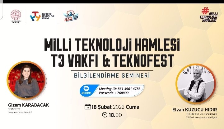 📣 İl Müdürlüğümüzce “Milli Teknoloji Hamlesi ve Teknofest 2022” bilgilendirme semineri düzenlenecektir.

🗓 18 Şubat Cuma 18.00

<a href="/tcmeb/">Millî Eğitim Bakanlığı</a> <a href="/MusMilliEgitim1/">Muş İl Millî Eğitim Müdürlüğü</a> <a href="/EnverkV/">Enver KIVANÇ</a> <a href="/T3Vakfi/">TR Teknoloji Takımı</a> <a href="/musmemarge/">muşmemarge</a> 

 #seminer #TEKNOFEST2022 #TEKNOFEST #milliteknoloji