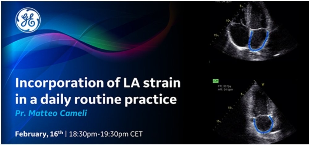 📌TODAY at 18.30-19.30 CET
Don't miss LA Strain International Webinar
➡️ How to measure
➡️ New softwares
➡️ Clinical applications
➡️ Clinical cases

Register for FREE here: lnkd.in/gkHwih5p

#Strain #Echofirst #GEHealthcare #Vivid #CardioTwitter <a href="/CardiouniSiena/">CardioUni Siena</a> <a href="/unisiena/">Università di Siena</a>