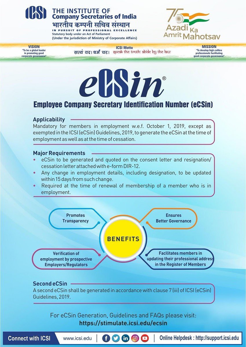 FCSJigarShah's tweet photo. #eCSin is mandatory for all CS in Employment and it needs to be quoted while renewing Membership number. 

#CSTwitter https://t.co/w7hYvfyA01