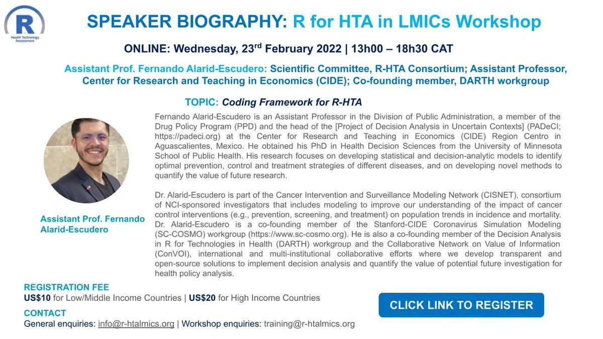 [SPEAKER ANNOUNCEMENT] We're excited to have <a href="/feralaes/">Fernando Alarid-Escudero</a>, assistant professor in #Economics at Centre for Research and Teaching in Economics presenting on ‘Coding Framework for R-HTA' at our workshop on 23 February 2022. REGISTER HERE: buff.ly/3ro0GDm <a href="/rhta16/">r-hta</a>
#RHTA #LMICs