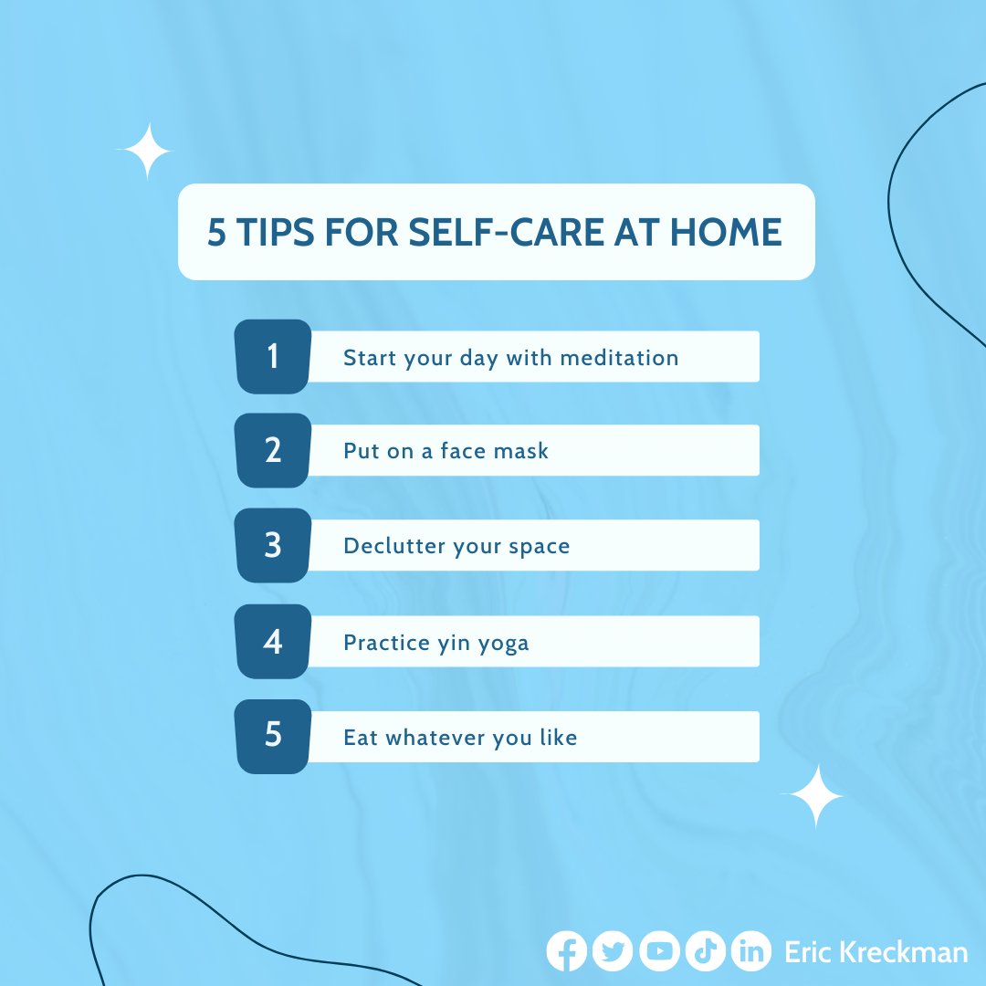 DrEddyClinic's tweet photo. RT @erickreckman: 5 Tips for self-care at home.
.
.
#HealthIsHappiness #HolisticHealing #HolisticHealthcare #HealingJourney
#FunctionalMedicine #WomensHealth #RelaxTime #BrainHealth #Medicare
#BeHealthy #BeHealthyBeHappy #HealthGoals #HealthTips #HealthB… https://t.co/wiIVmOoOg2