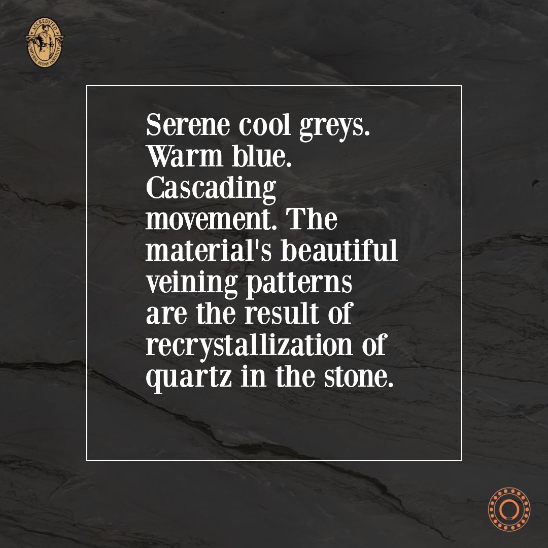 Deep pearl leather features an array of blues and greys, noted by a stunning veining pattern. Timeless mystique. Classic elegance. This material is an ideal selection for a statement-making kitchen island. #quartzite #ottawaquartzite #ottawa #ottawashopping #quartzitecountertop