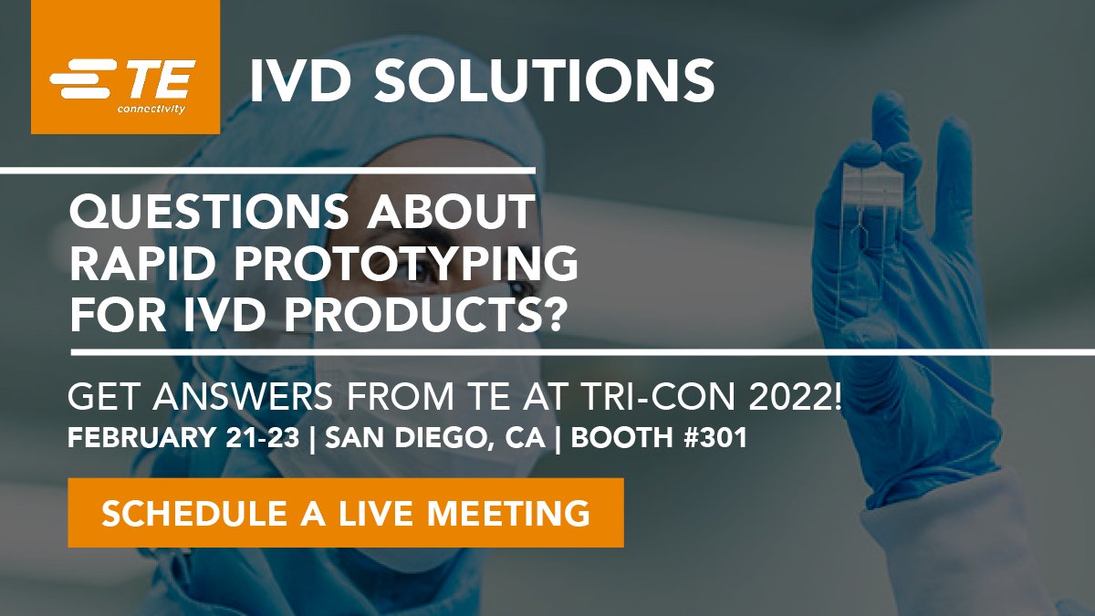 ToolboxMed's tweet photo. Schedule a live meeting with TE representatives or stop by booth #301 to discuss rapid prototyping for your next IVD project. 

https://t.co/xurloBuBse

#tricon #cdmo #IVDSOLUTIONS #microfluidics #labonachip #IVD #POC #medicaldevices #diagnostics #pointofcare #invitrodiagnostics https://t.co/JrUIKd1x10