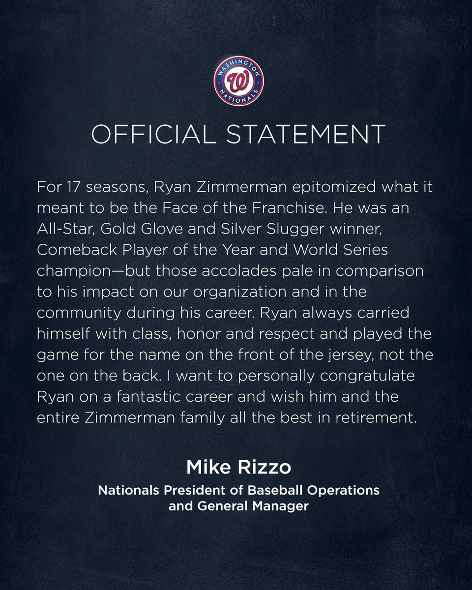 Nationals's tweet photo. Statements from Mark D. Lerner, Mike Rizzo and Davey Martinez on the retirement of World Series Champion Ryan Zimmerman. https://t.co/pFEvWzA5c7