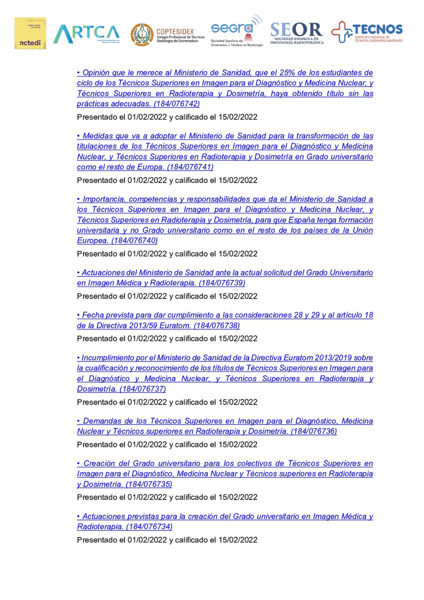 Desde la <a href="/plataformagrado/">Plataforma por el Grado Universitario</a> trasladamos nuestro total agradecimiento a <a href="/anioramas/">Ana Oramas</a> por presentar estas preguntas al gobierno de #España. 
Tod@s por el Grado en Imagen médica y Radioterapia!
<a href="/sanidadgob/">Ministerio de Sanidad</a>
<a href="/UniversidadGob/">Ministerio de Universidades</a>
<a href="/educaciongob/">Ministerio de Educación, FP y Deportes</a>